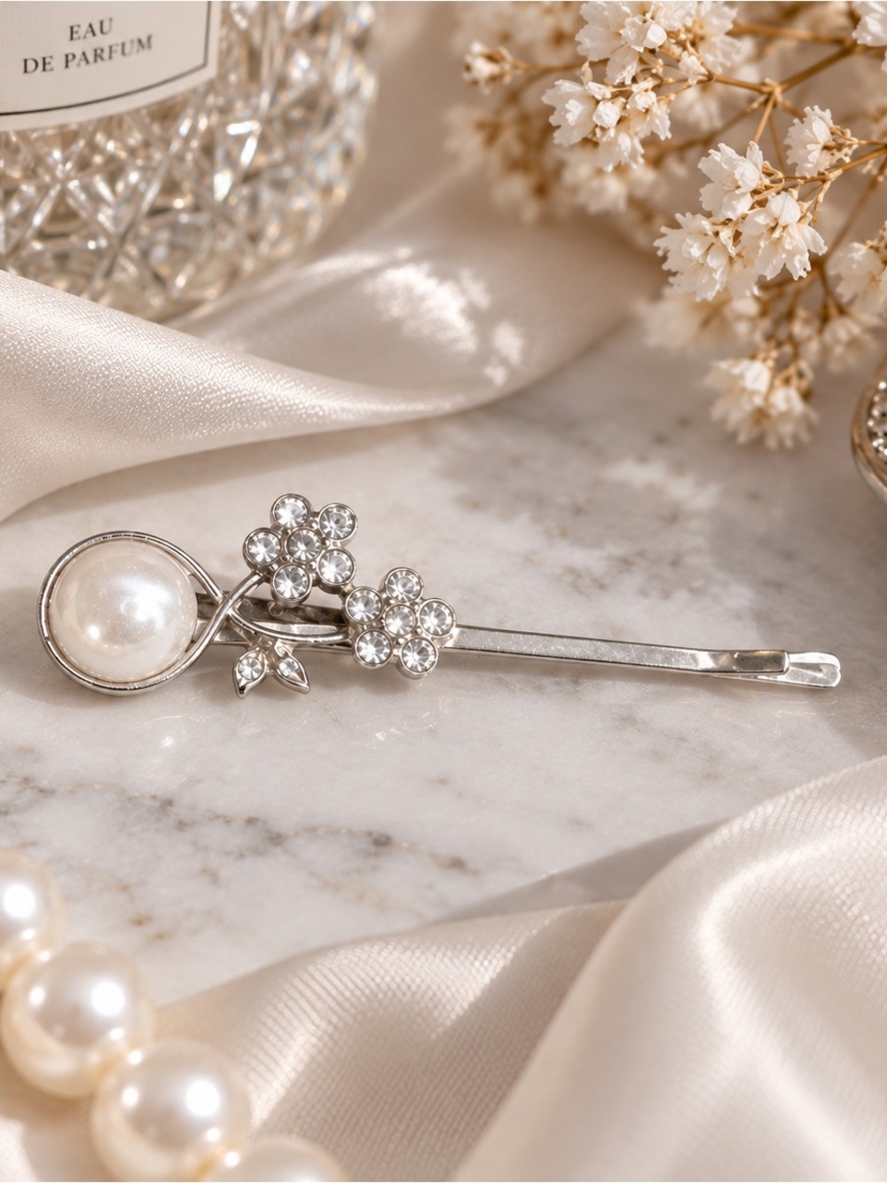 Italian Vintage Rare Faux Mother Of Pearl Crystal Silver Tone Hair Bobby Pin